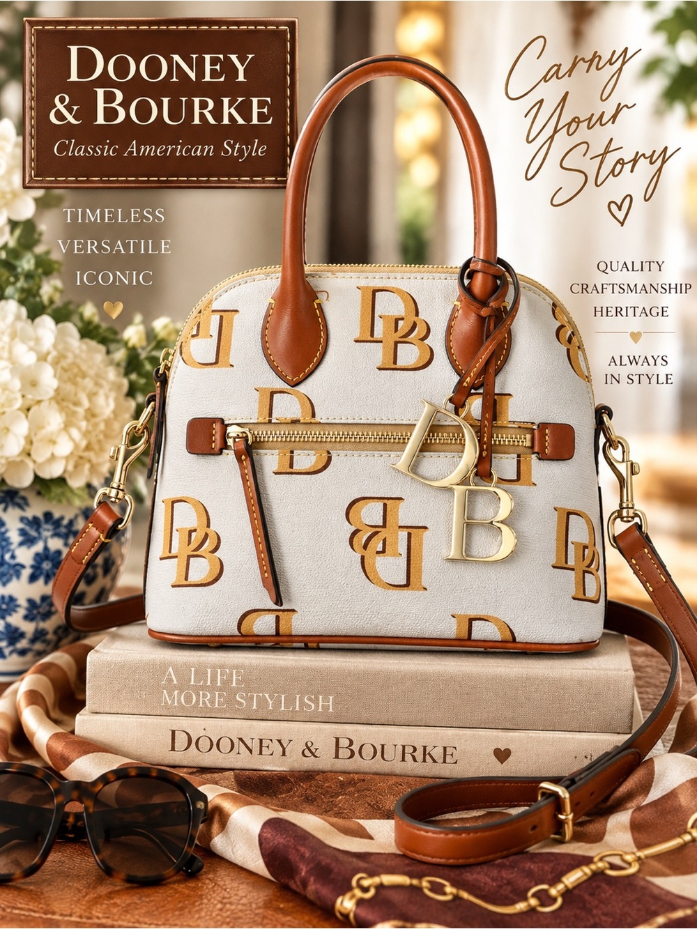 Dooney & Bourke DB Monogram Dome Satchel Cream Cognac Crossbody